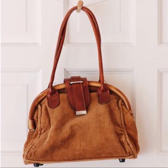 Vintage Handbags - VINTAGE wood top vegan leather corduroy handbag